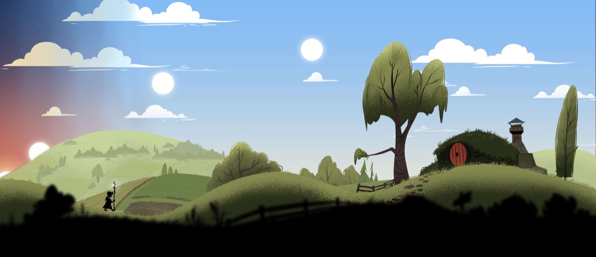 MistyWay game scene: hero walking through green hills toward a hobbit-style home at sunrise