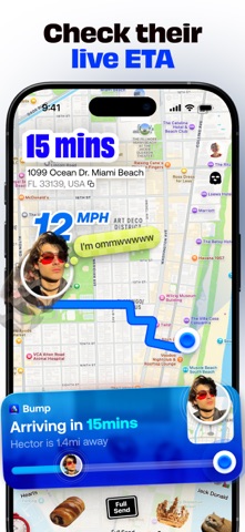 Bump App Store preview showing a friend's live ETA and navigation route