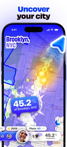 Bump App Store preview showing a scratch map with 45.2 percent of Brooklyn uncovered