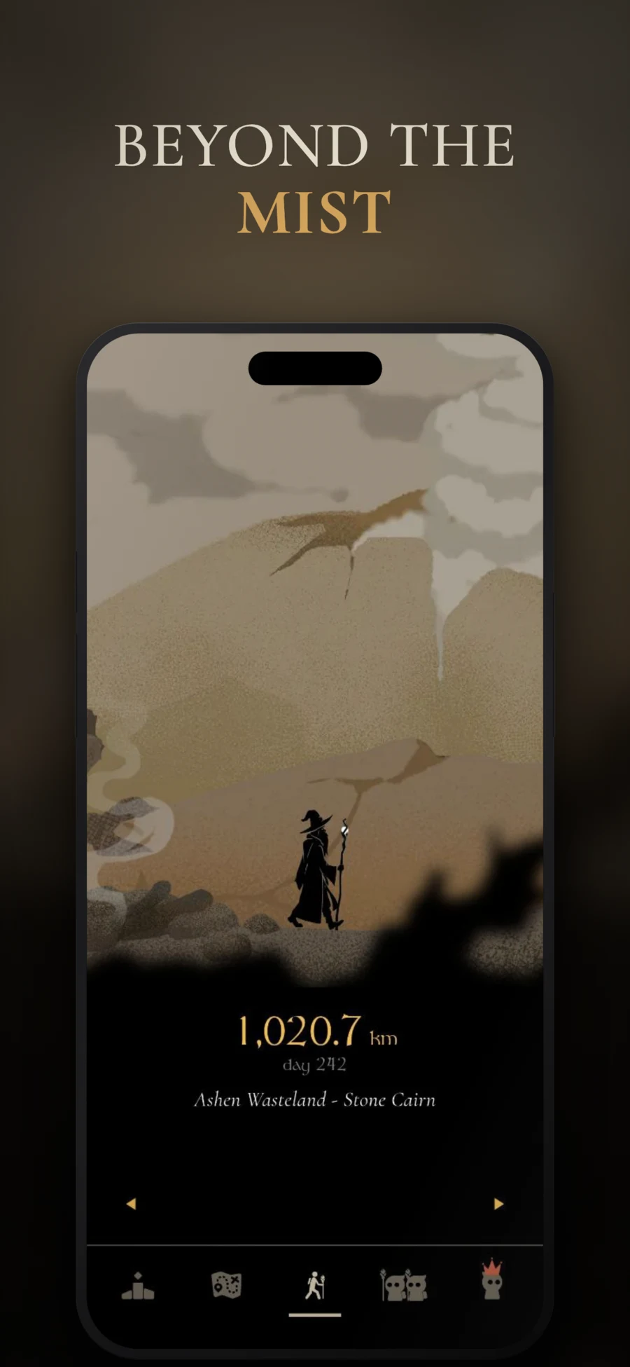 MistyWay App Store preview of a hand-drawn fantasy journey through an ash landscape